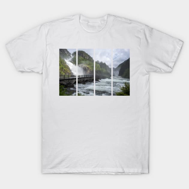 Wonderful landscapes in Norway. Vestland. Beautiful scenery of Latefossen waterfall under the Lotevatnet lake on the Hardanger scenic route. Mountains, trees in background. Cloudy day T-Shirt by fabbroni-art